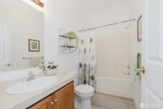 Main bathroom with full tub/shower combo and spacious vanity.
