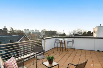 Rooftop deck with stunning cityscape and Space Needle views, perfect for hosting or unwinding in the heart of Seattle.