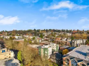 A stunning bird’s-eye view of the surrounding neighborhood showcases vibrant greenery and a variety of charming homes.