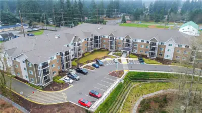 Drone shot of the front of the building