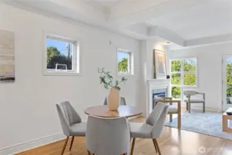 This home boasts room for a large dining table, next to a casual eating bar.
