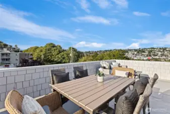 The expansive rooftop deck has views in all directions and room for both dining and living room furniture