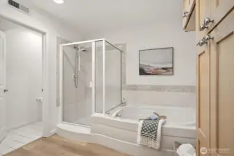 Large soaking tub and shower. Lots of storage