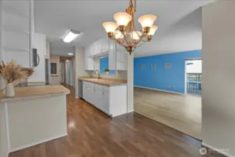 Kitchen and living room from eating nook