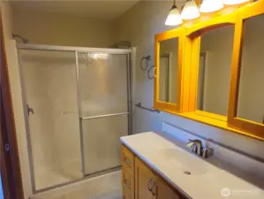 The primary suite has an ensuite bath with extra large shower with a built in seat.  Loads of counter space on the extra large vanity.