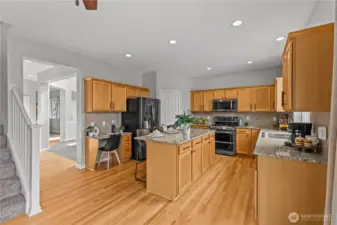 Spacious kitchen with walk-in pantry and abundant cabinet space.
