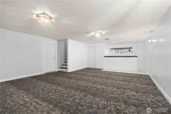 Basement living area w/ bar for entertaining
