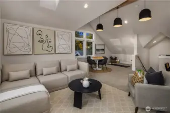 Large bonus great room with vaulted ceilings and stained wood beams