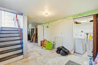 A large basement provides ample storage and a dedicated laundry area.