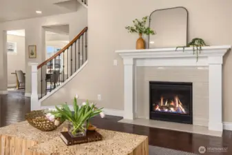 The cozy propane fireplace in the family room.