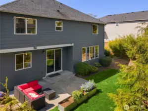 An aerial look at the backyard with mature plantings.