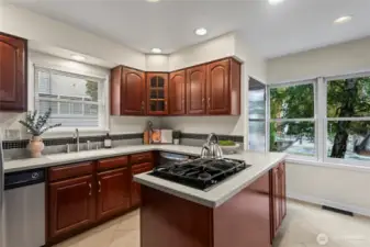 An eat-in bar and windows out to the backyard from the kitchen