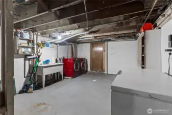 A partially finished basement with laundry and a door to the backyard