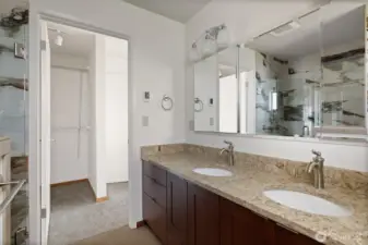 Primary bath with dual sink vanity.