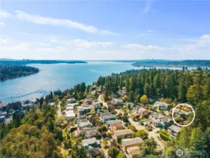Aerial views of your Kirkland home with lake and mountain views.