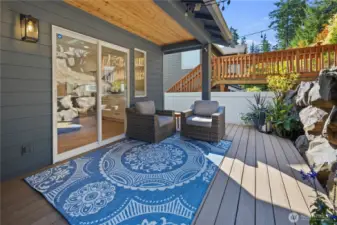 Deck with covered sitting area.