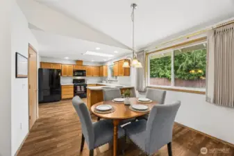 The layout feels very spacious, offering bar dining, or space to eat in the dining area. Great for visits, homework and  puzzles or game night!