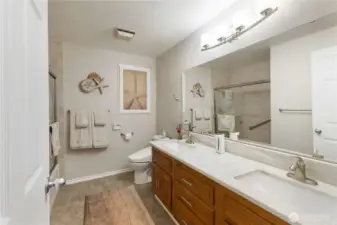 Remodeled Main Bathroom upstairs includes double vanities.