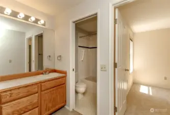 Large double sink vanity has room for everyone.
