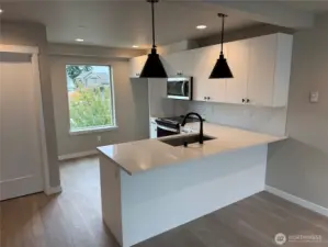 Kitchen with stainless appliances. Door to left is powder room.