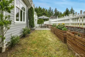 Easy care yard with a patio, grassy area and garden beds. There is also a handy storage shed.