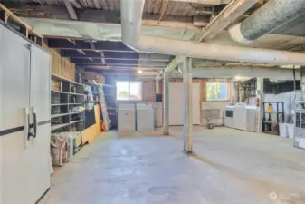 Large unfinished basement area with storage