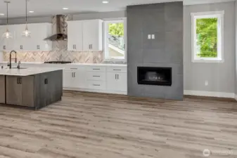 Open great room with gas fire place