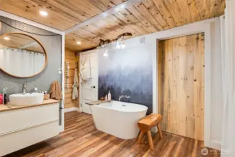 Downstairs bath with soaker tub, storage and laundry space