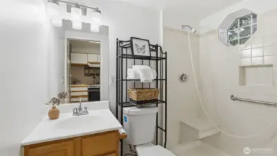 A thoughtfully designed lower-level bathroom supporting flexible living