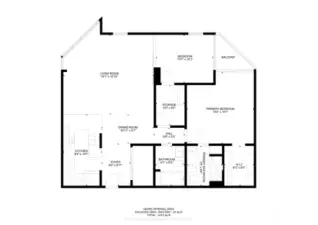 Belltown Seattle two bedroom condo floor plan showing an open living and dining layout, kitchen with peninsula seating, private balcony positioned to capture city and water views, walk-in closet, additional storage space, and access to building amenities including a rooftop deck, pool, and hot tub.