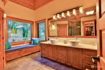 Primary Bath Main Level ~ Silvermoon Stained Glass, Tile walk in Shower, Large walk in Closet