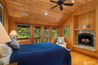 Upstairs Primary Bedroom with Deck and Propane Fireplace