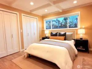 Lower-level bedroom, double closets and tall ceilings.