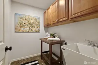 The upstairs laundry room with a utility sink makes cleaning up a breeze!