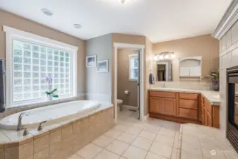 Great double sink layout. Imagine soaking in the tub enjoying the fire on a cold night.