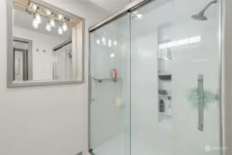 Large walk-in shower on the lower level.