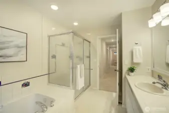 Upper level hall bath with separate shower and tub