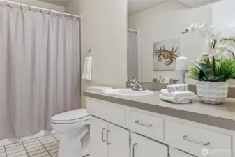 Lower-level bathroom with tub.