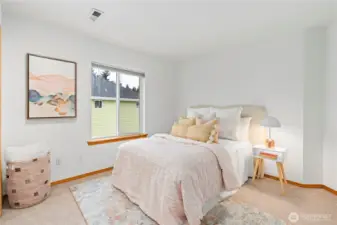 At the end of the hallway is Bedroom #3 also embellished with new carpeting, fresh interior paint and dimmer lighting.