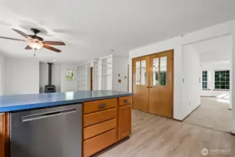 Kitchen looking through to dining room and family room.