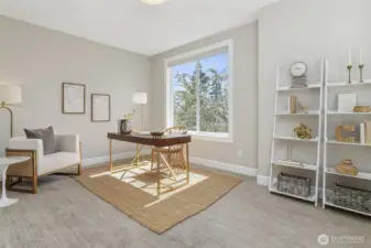 The dedicated home office is bathed in natural light and offers ample space to accommodate even the most demanding work-from-home setups, eliminating the need to repurpose other rooms.