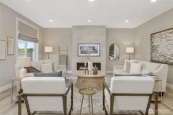 Experience modern living at its finest with a Mezzo remote control gas/LED fireplace as the room's focal point. Adding to the sophisticated design is a professionally mounted LG TV, seamlessly integrated as a dynamic art display.
