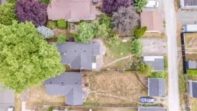 Another aerial view, showing alley access to the detached garage.