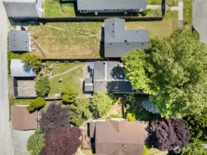 Another aerial view, showing alley access to the detached garage.