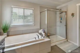 Over-sized soaking tub, large shower, walk-in closet double vanity and separate toilet closet complete this 5-piece Primary Bathroom Suite.