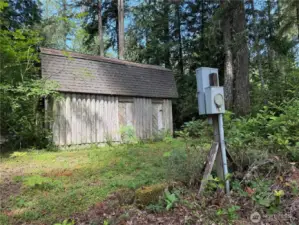 Log Cabin/Outbuilding and power pole on 141 E. Douglas Fir Lane