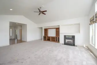 A view of the Great Room from the Dining Room towards the Entry.
