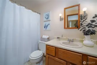 Across the hall, the full guest bathroom is tastefully appointed.