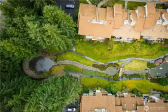 An aerial view of the water feature - the heart of the community.