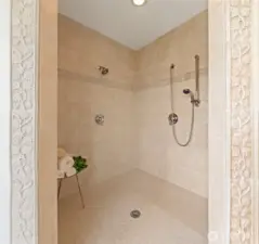 Walk-in shower in primary bath.